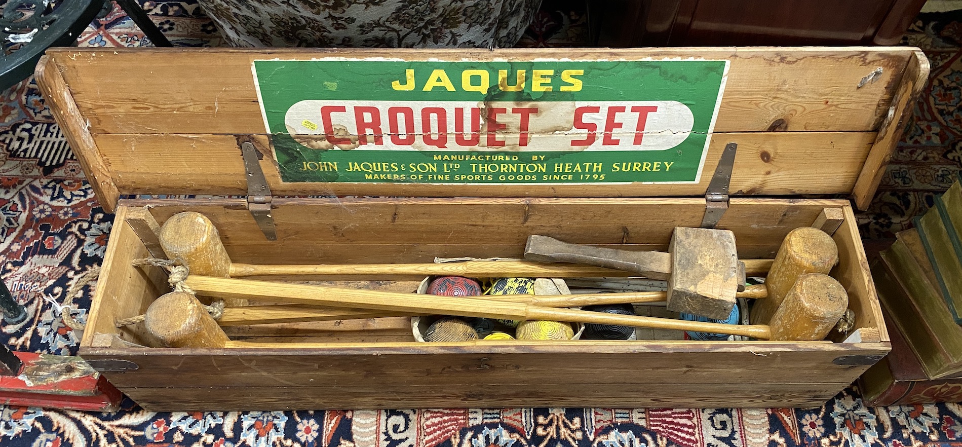 A vintage pine cased Jacques croquet set